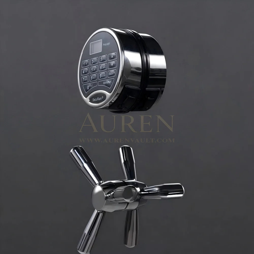 Luxury watch safe door with biometric fingerprint scanner keypad and mechanical combination dial