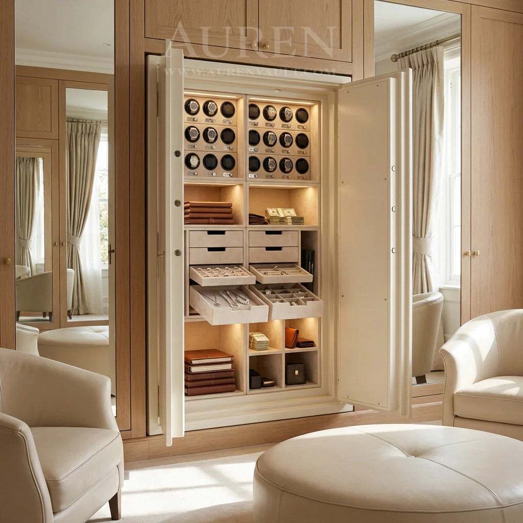 Luxury watch safe interior storing mechanical watches in a controlled environment