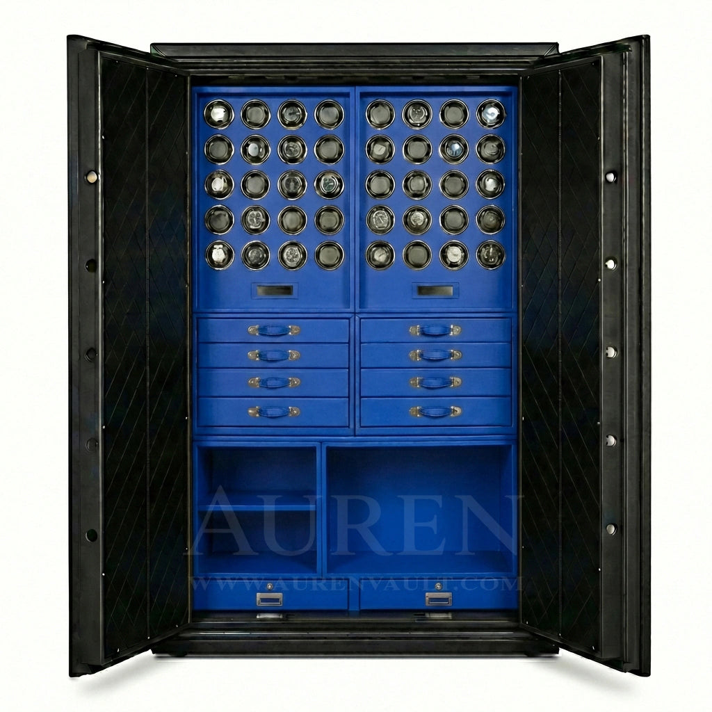 Heritage Leather 40 Watch Safe Cabinet Royal Blue Open Door