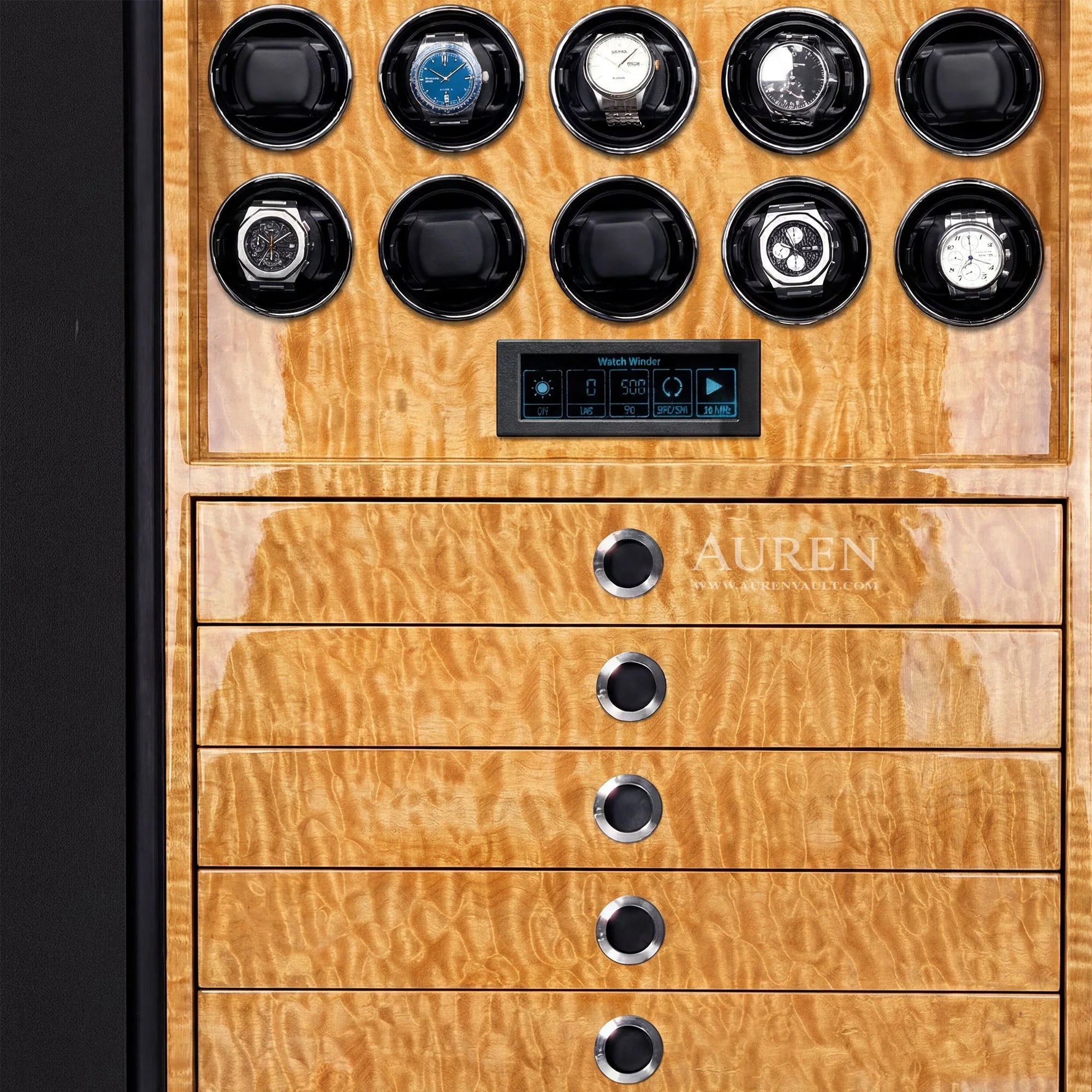 Custom luxury watch safe with integrated watch winders and tailored interior drawers