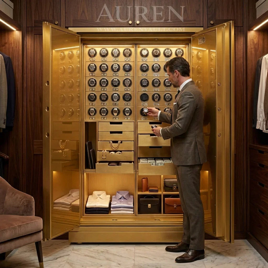 Luxury watch safe interior with organized watch storage and reinforced security door