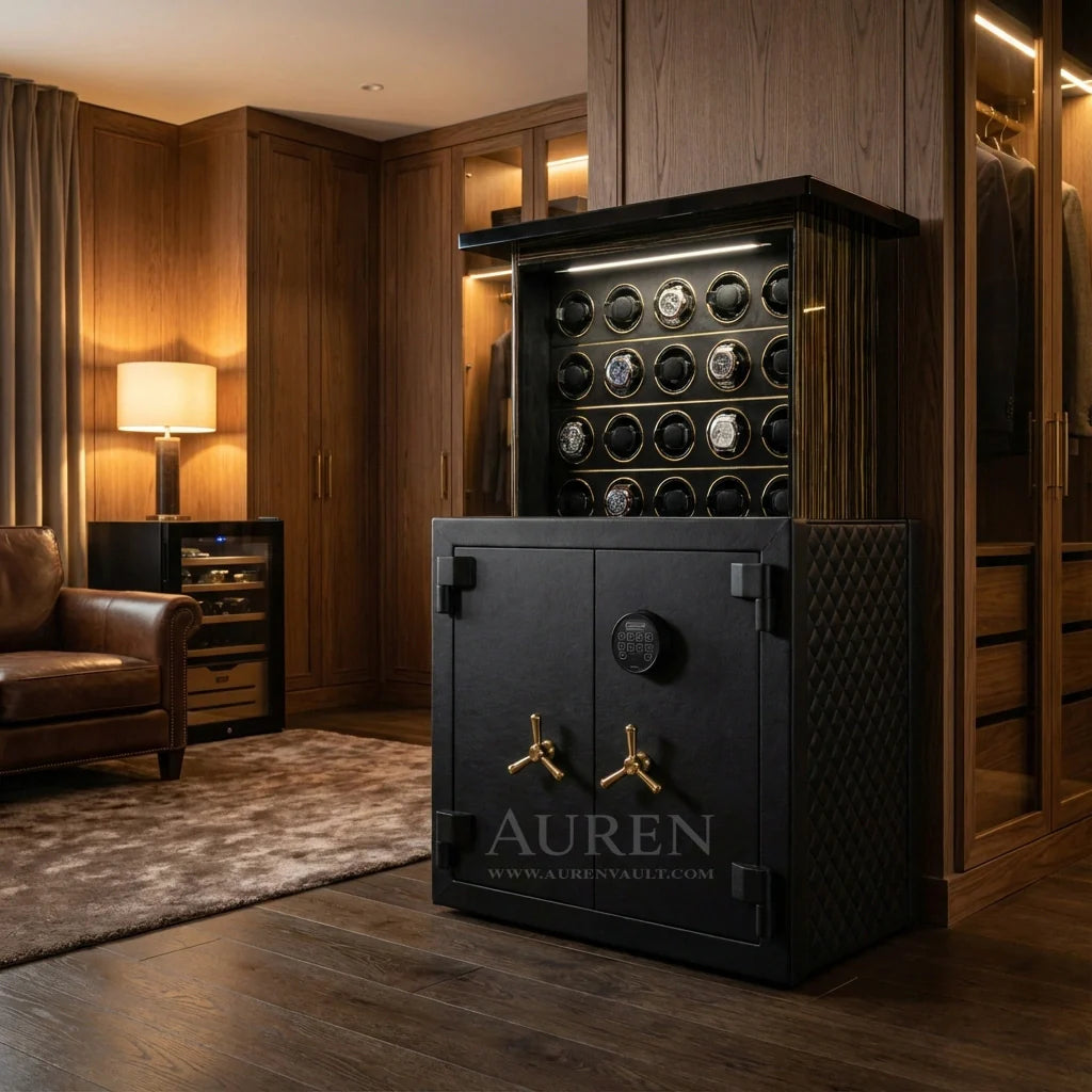 Luxury watch safe interior protecting mechanical watches from humidity and environmental exposure