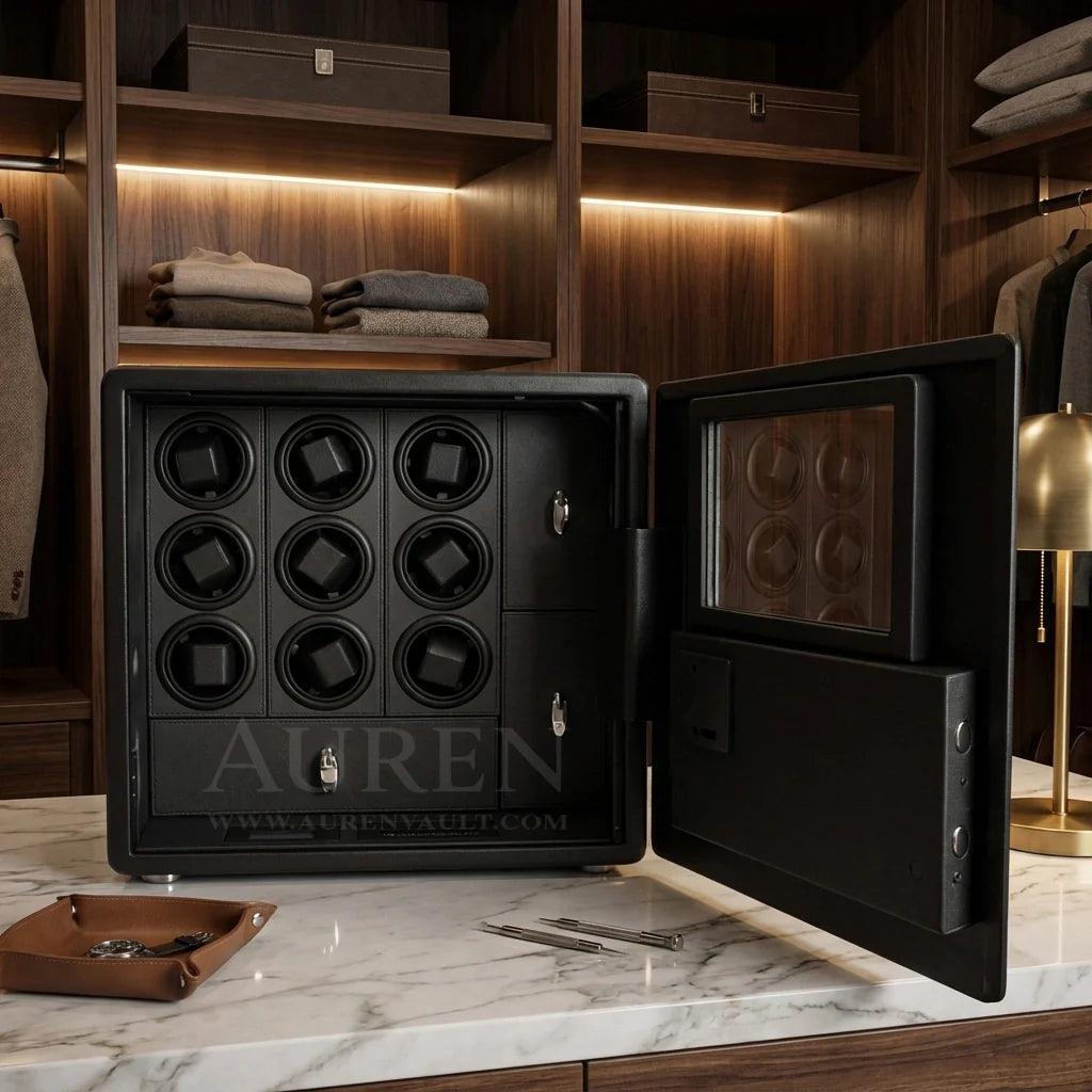 Luxury watch collection stored inside a reinforced watch safe with organized watch cushions