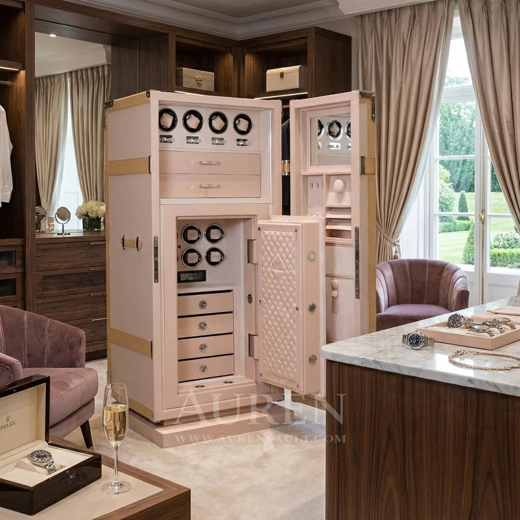 luxury watch safe installed inside a high-end home watch collection storage cabinet