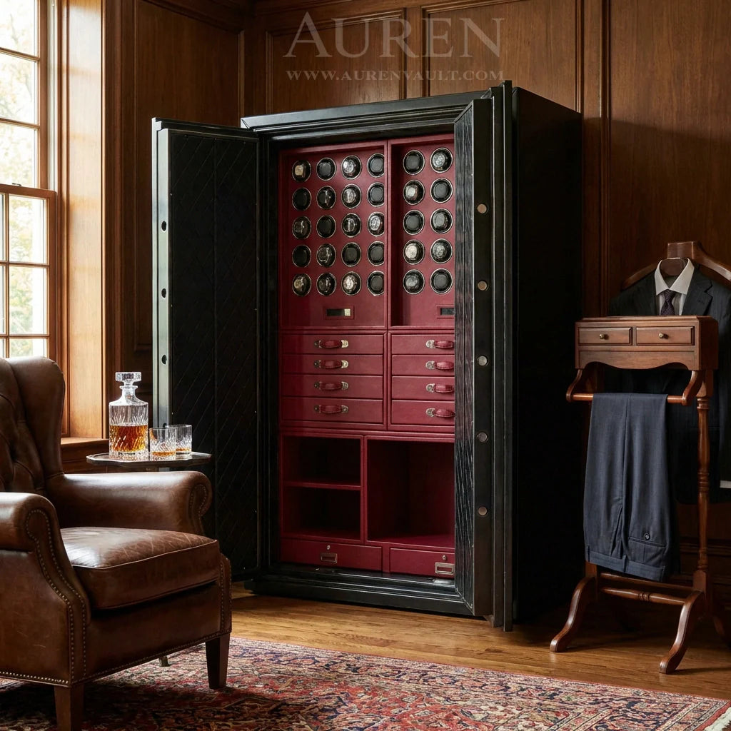 Luxury watch collection stored inside a reinforced burglary-resistant watch safe