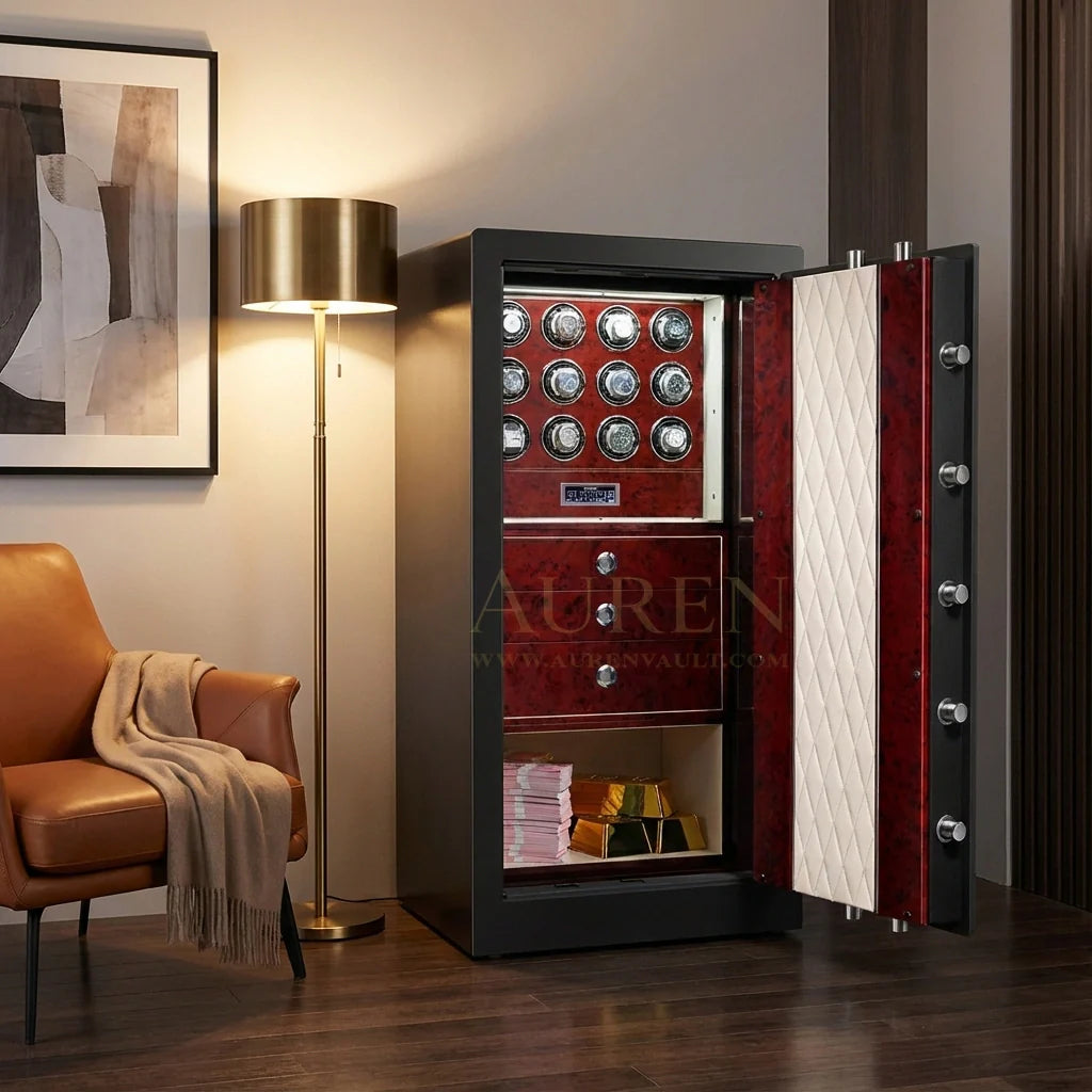 Luxury watch safe with built-in watch winders storing multiple automatic watches