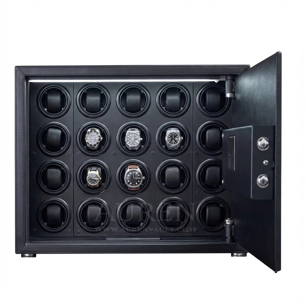 Iron Shield 20 Watch Winder Safe - Black Open