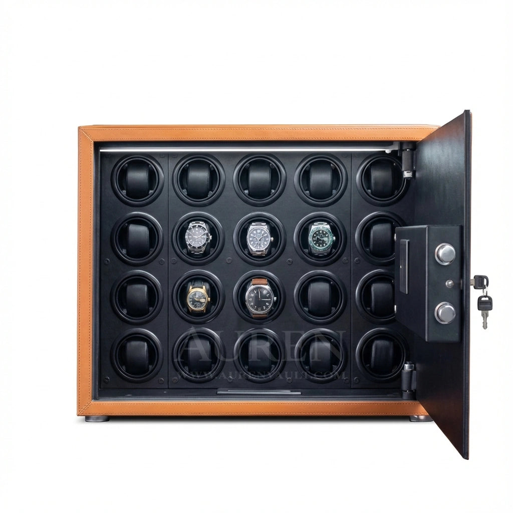 Iron Shield 20 Watch Winder Safe - Orange Open